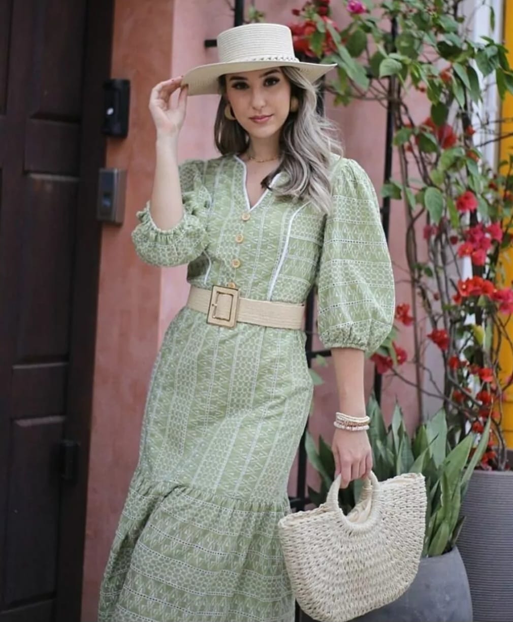 Vestido Marias com Fenda — Verde Bordado