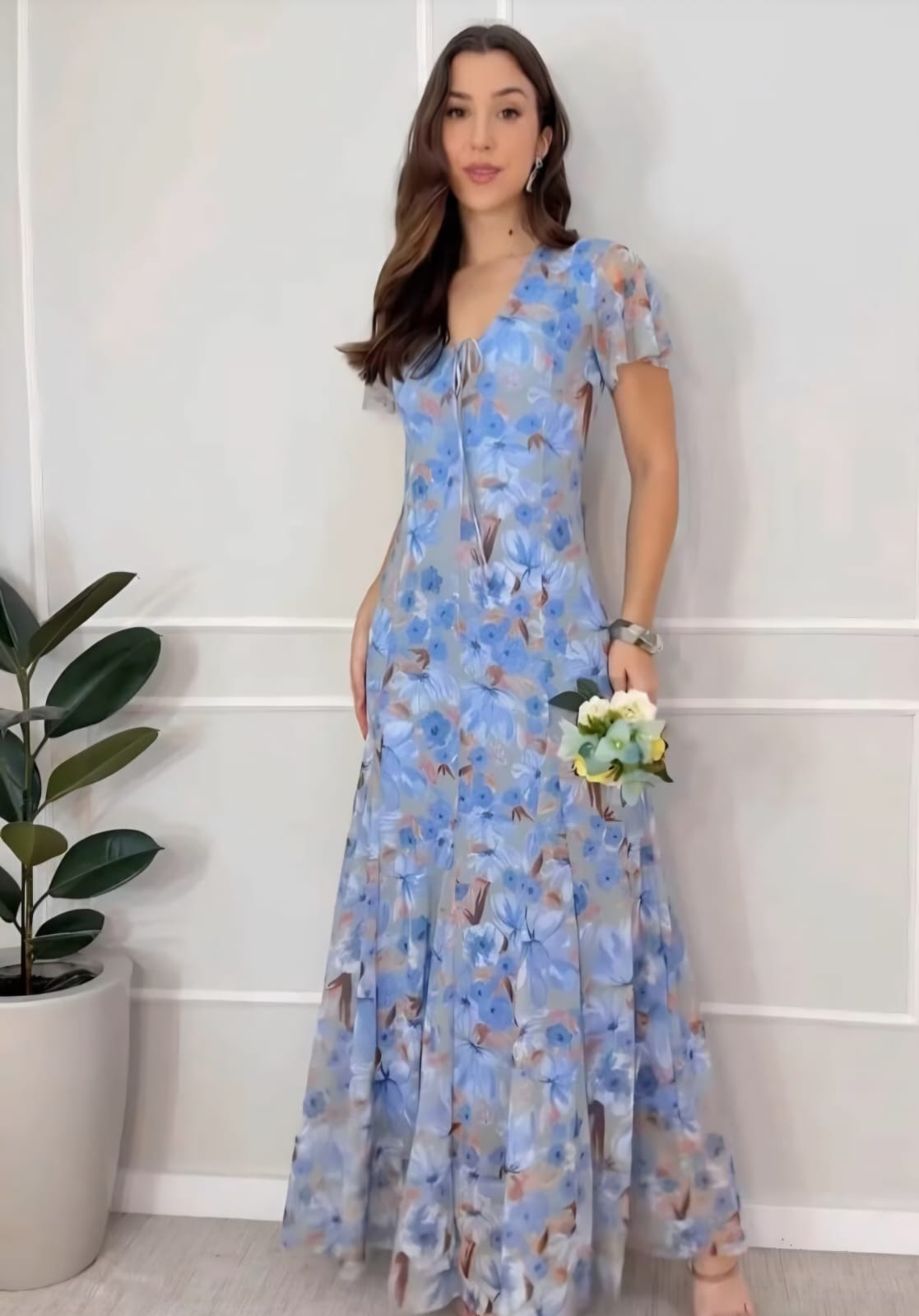 Vestido M/C Floral — Azul Sereno